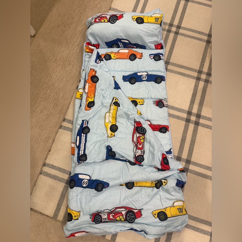 Kids Car Print Sleeping Bag - Light Blue with Red, Yellow, Orange, Blue Cars